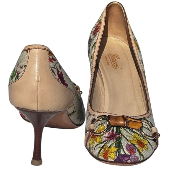 Gucci Flora Bamboo Runway Pumps Heels Canvas Leather Vintage US 9 1/2 B Medium - Picture 1 of 16